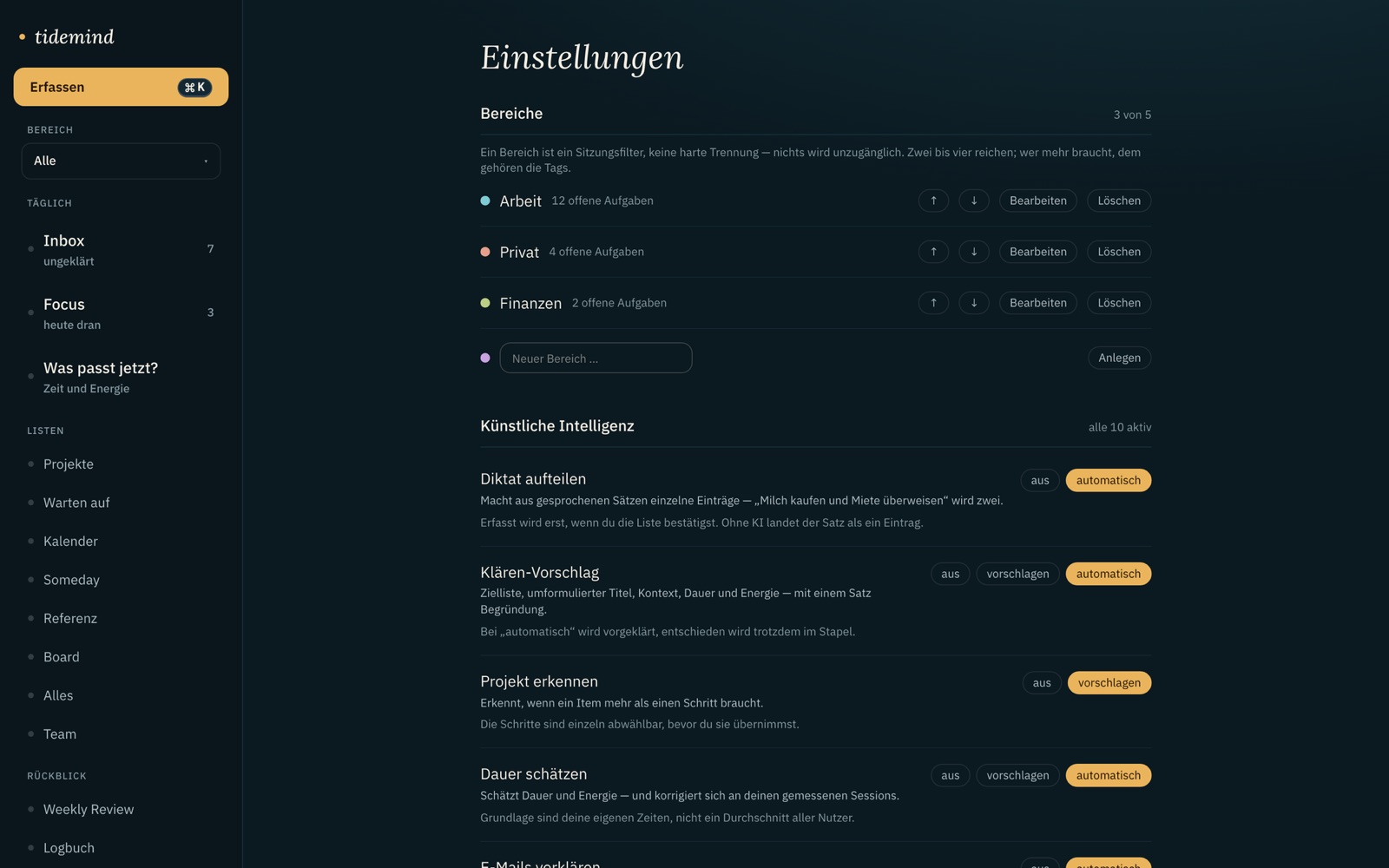 Einstellungen. Jede KI-Funktion hat ihren eigenen Schalter: aus, vorschlagen, automatisch. Aufgeklappt steht dort auch, was das Haus verlässt und was die KI nie tut.
