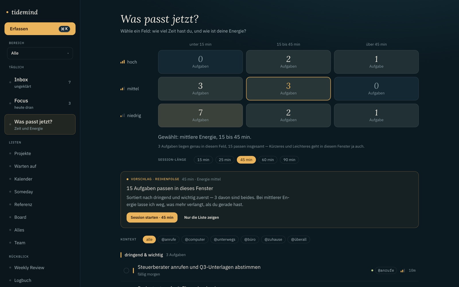 Was passt jetzt. Minuten, Energie, Kontext: dieselbe Frage, die du deinem Assistenten stellst, auf dem Bildschirm.