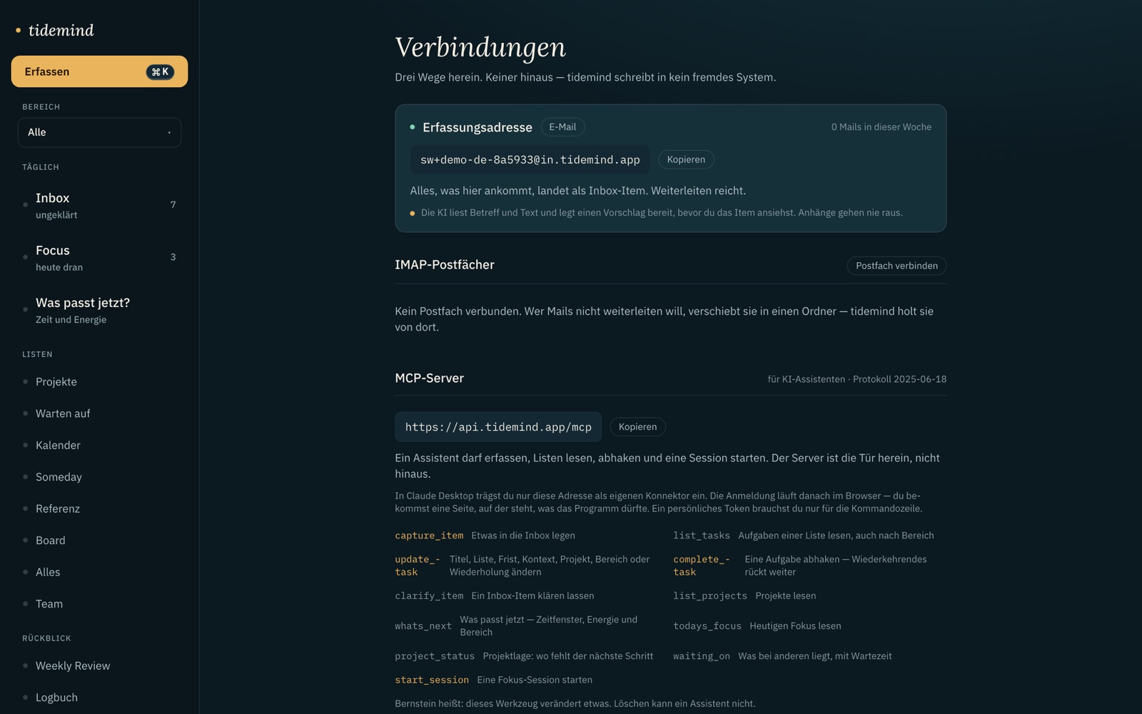 Verbindungen. Deine Erfassungsadresse, und ein IMAP-Postfach, in dem ein Ordner beobachtet wird.