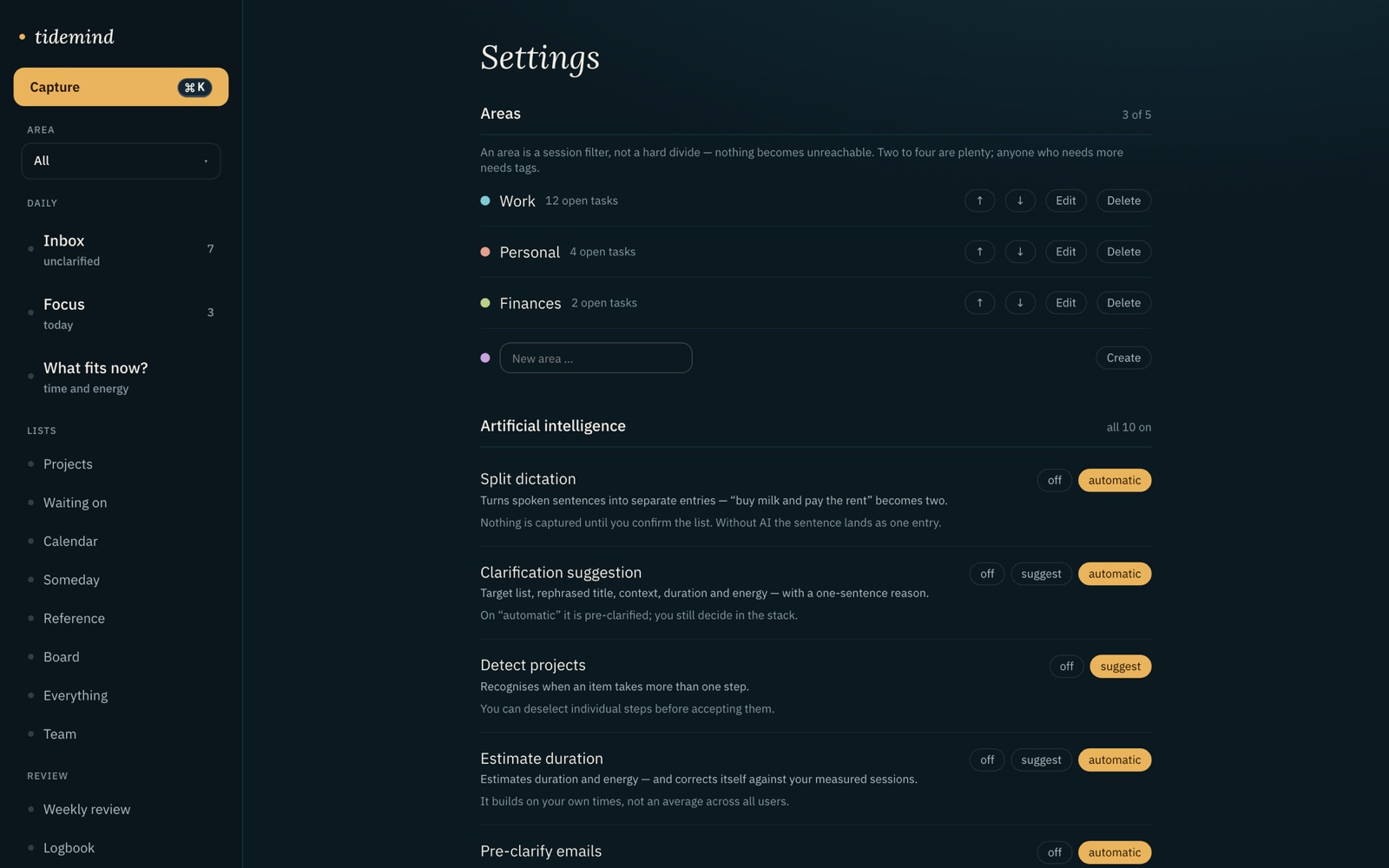 Settings. Each AI function has its own switch: off, suggest, automatic. Opening the section also lists what leaves the house and what the AI never does.