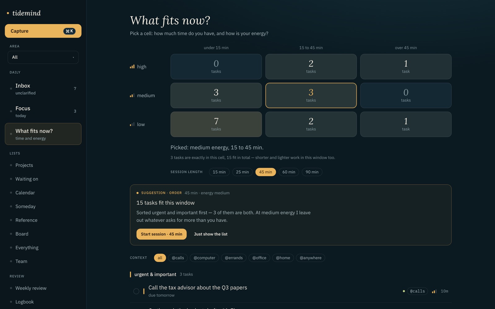 What fits now. Minutes, energy, context: the same question you ask your assistant, on screen.